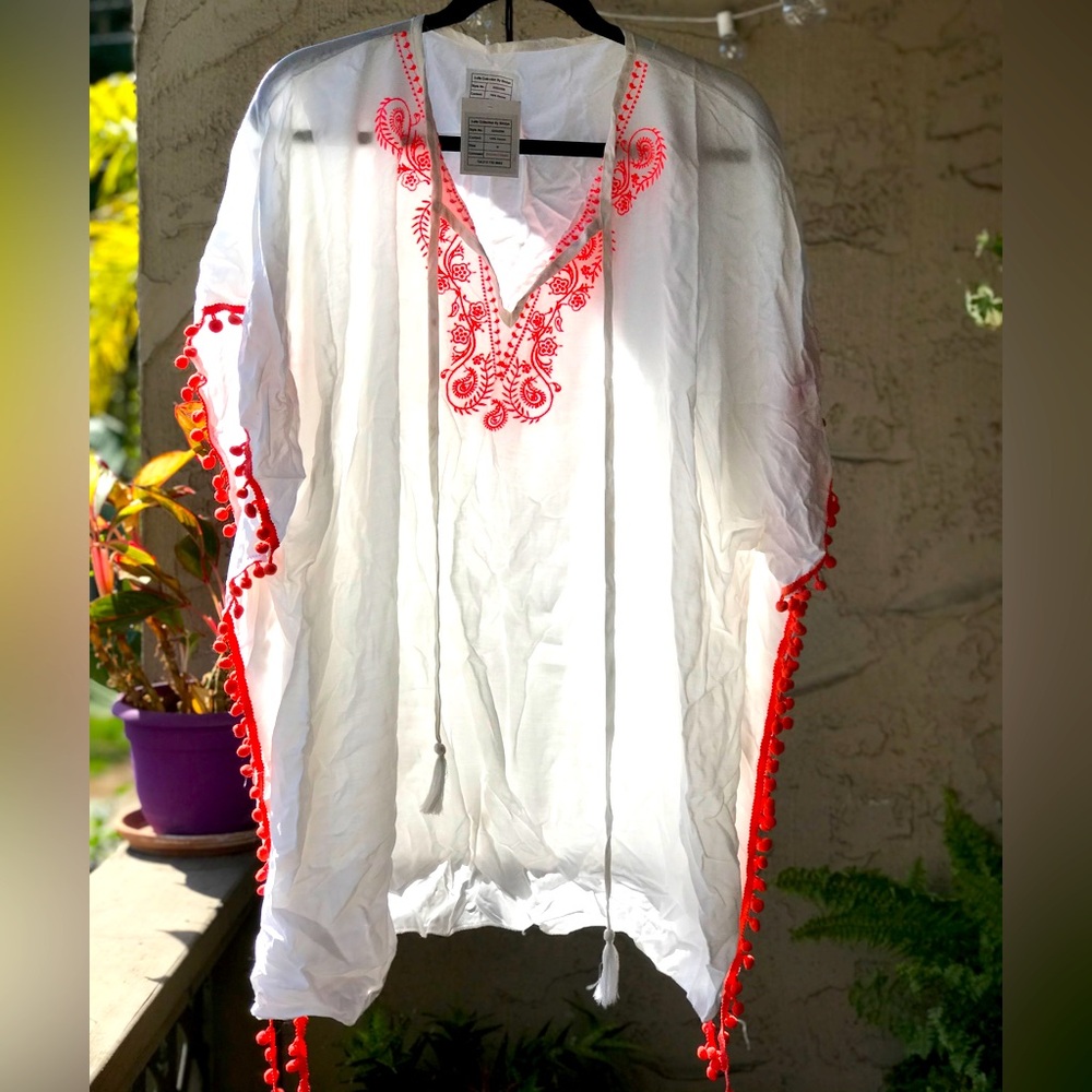 White and Orange Embroidered Swim Coverup